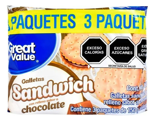 4 Pzas Galletas Great Value Sándwich Con Relleno Chocolate 3