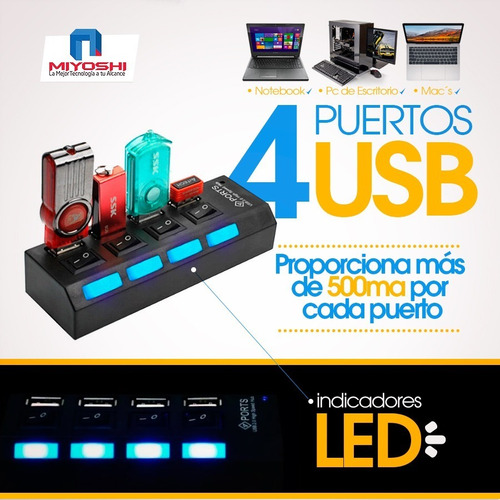 Hub Usb Multiplicador 4 Puertos Usb Con Teclas Y Leds Azules