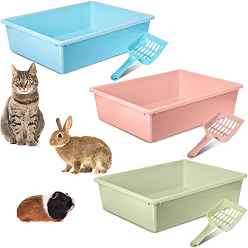 3 Pieces Plastic Cat Litter Boxes With Scoop Top Open K...