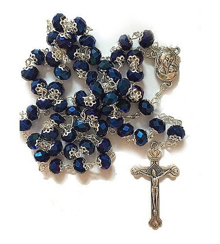 Rosario Con Cuentas De Cristal Azul 7mm Virgen María /tierra