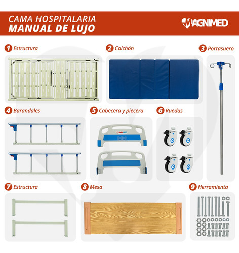 Cama Hospitalaria Manual C/ Porta Suero, Colchón Y Mesa