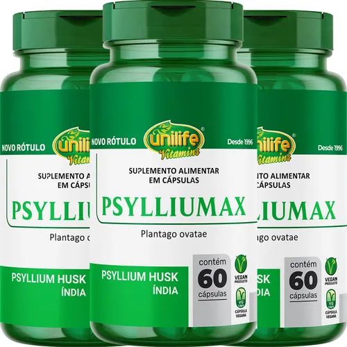 Kit 3x Psyllium Max - 60 Cápsulas 550mg - Unilife Vitamins
