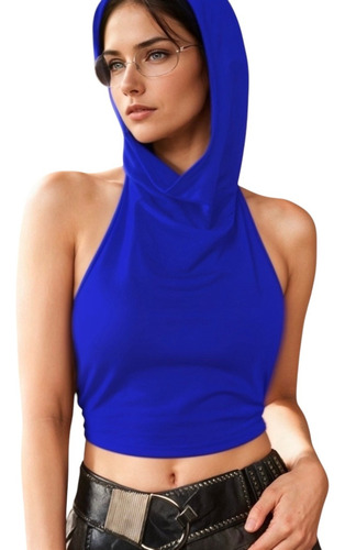 Blusa Crop Top Recta Con Capucha Sin Mangas Mujer