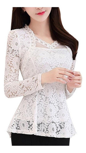 Blusa Casual Manga Larga Encaje Crochet Elegante Top