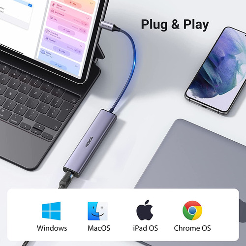 Adaptador 60600 Ugreen Ethernet Usb-c Com 3 Portas Usb 3.0