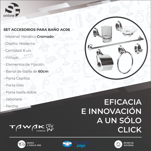 Set Accesorios Baño Ducha 6 Pzs. Acero Inox Vidrio Tawak Sf