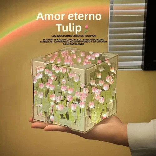 Lámpara De Tulipanes Infinitos Cubo Espejo Para Armar Naranja Claro Plateado