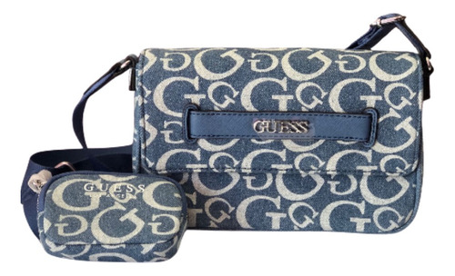 Bolsa Guess Mezclilla Original Azul Acero Estampado Níquel Azul Acero