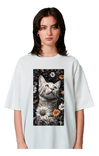 Remera Unisex Gato Flores Personalizada Algodón Aesthetic