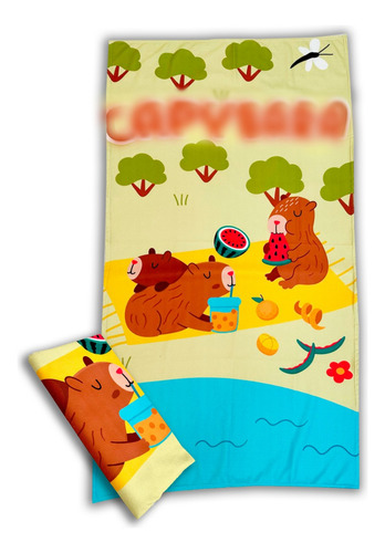 Toalla De Baño Diseño Capibara Picnic 155x85 Cm Microfibra Crema Lisa