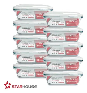 Kit 10 Potes Vidro 370ml Hermetico Marmita Forno Refratario Star House