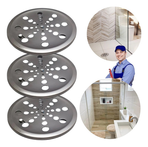 Central Kit Grelha Redonda Rotativa Aço Inox 15cm 3 Unidades para Ralo Banheiros Quintal