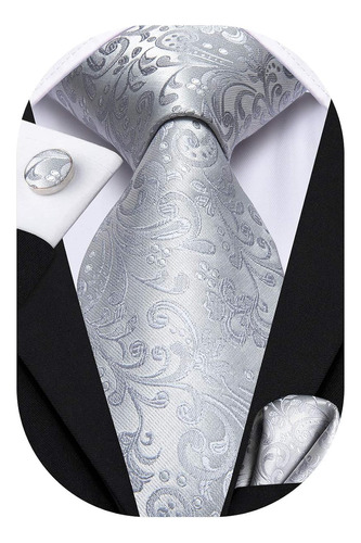 Set De Corbata , Pañuelo Y Gemelos Hi-tie Seda Grey