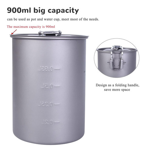 Olla De Titanio Ultraligera Portátil De 900ml Con Tapa F...