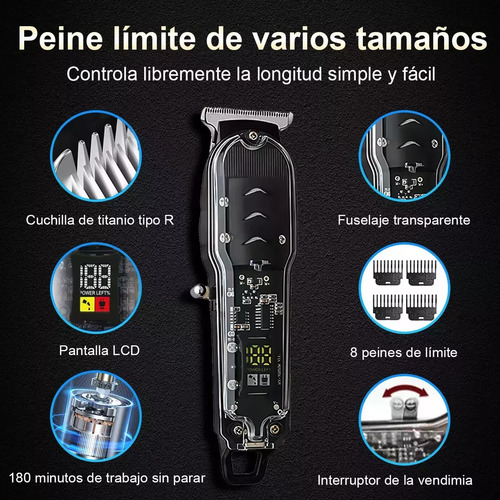 Cortadora De Pelo Recargable Profesional Transparente Lcd Rosa