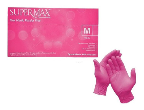 Luva Nitrílica Rosa - 10 Cxs - Supermax`pp,`p`m