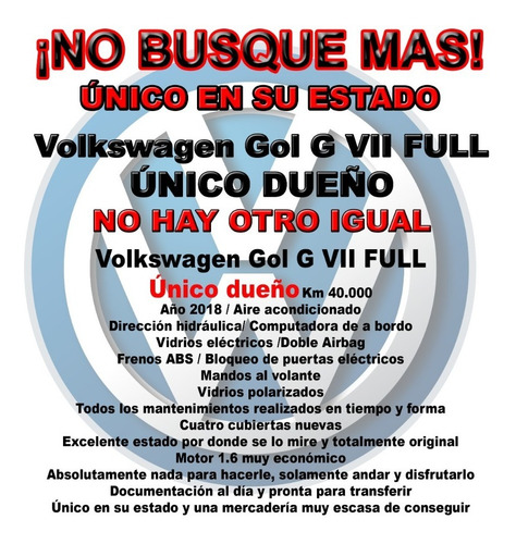Volkswagen Gol G Vii Full 2018 40.000 Kms Unico En Su Estado