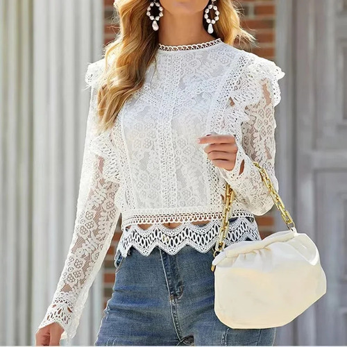 Blusa Elegante De Encaje De Manga Larga Para Mujer