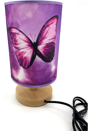 Lámpara De Mesa Luz De Noche Mariposa Morada Base De Madera