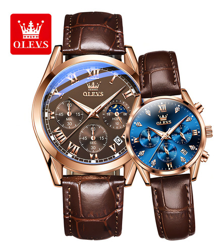Relojes De Pareja Olevs Chronograph De Cuarzo Impermeables Color del fondo Rose Coffee&Rose Blue