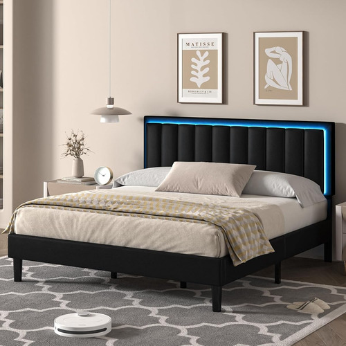 Bed Frame King Size Color Black C/cabecera Con Luz Led