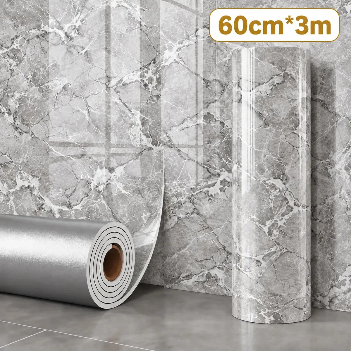 Rollo de Vinilo Adhesivo Efecto Mármol para Paredes y Muebles de 60 cm x 3 m – Gris