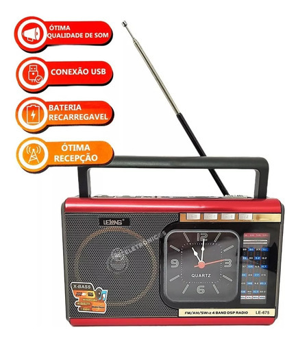 Rádio 4 Bandas Com Relógio E Lanterna Portátil Le675vm 110v/220v