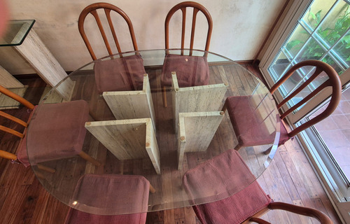Mesa De Cristal Y Marmol Travertino Agua Gris