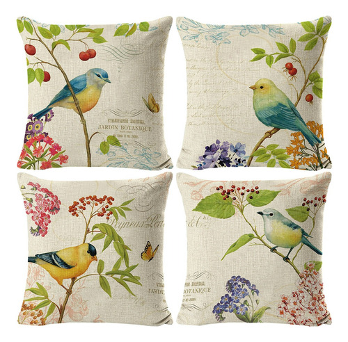 Fundas Cojines Almohada Decorativos Lino Algodón 4pcs 45cm Pájaros
