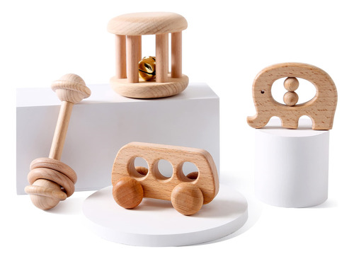 Juguete De Sonajero De Madera Orgnica Montessori Rattle Roll