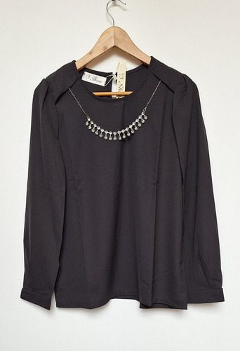 Blusa Negra Talla M Elegante Con Collar De Cristales Nueva 