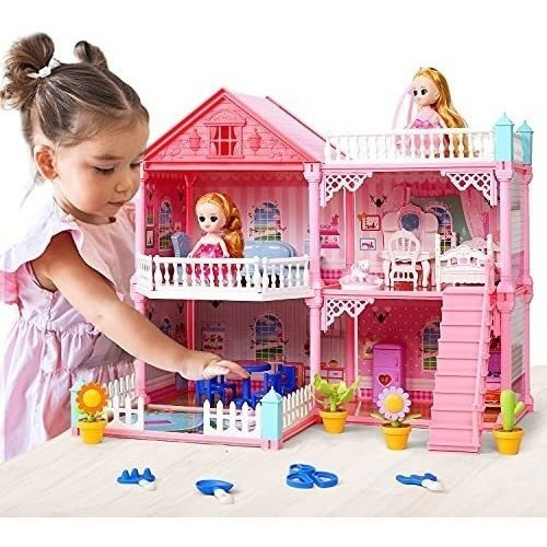 Casa De Muñecas Para Niñas Con 2 Muñecas Rosa Y Luces Led