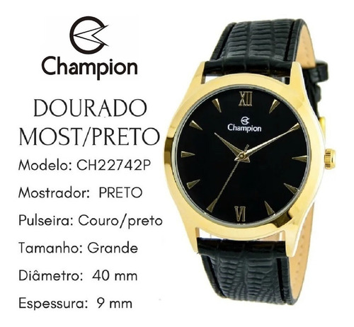 Relógio Feminino Champion Pulseira Couro Preto Ch22742p
