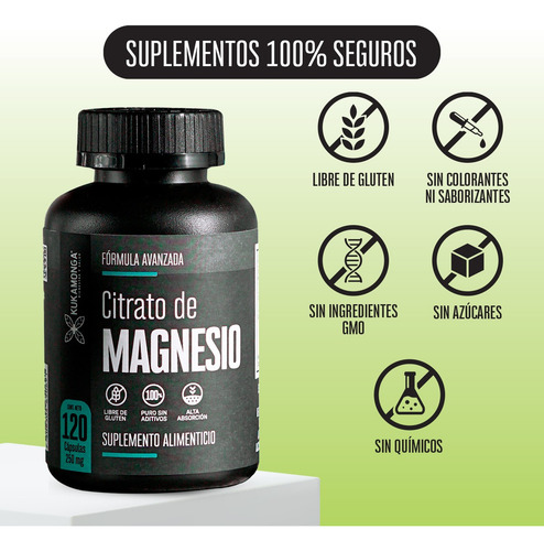 Citrato De Magnesio De 120 Cápsulas. Kukamonga Sabor Sin sabor