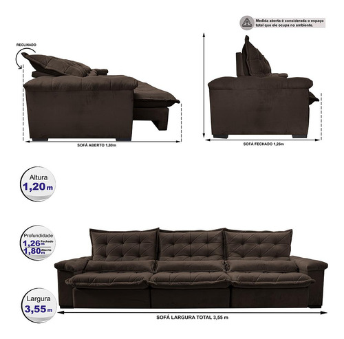 Sofá Retrátil 3,55m Cama Inbox Big Fresh. Com Softgel d40 Cor Café