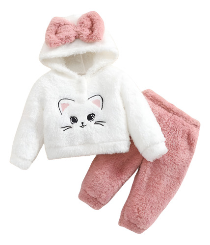 Conjunto Plush Bebe Buzo Con Capucha Y Moño, Pantalon Rosa Rosa 6-9 M