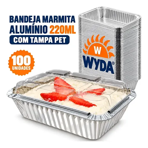 Wyda Bandeja Marmita Alumínio 220ml Tampa Pet Retangular C/100un