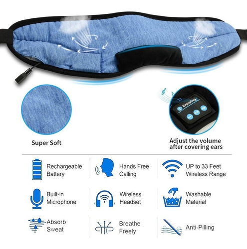 Antifaz Ajustable Para Dormir Cubre Ojos Bluetooth Musica Color Negro