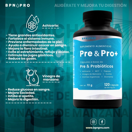 Probióticos, prebióticos, enzimas digestivas, inulina, mct, sabor a óleo, 120 cápsulas