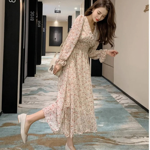 Vestido Midi De Manga Larga Con Cuello En V Y Estampado Flor