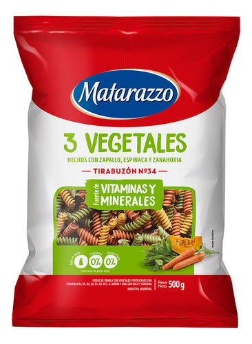 Fideos Matarazzo 3 Vegetales Tirabuzón N°34 500g