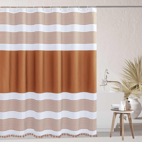 Cortina De Ducha Bohemia Marrón Para Baño, Tela Lavable, Mod