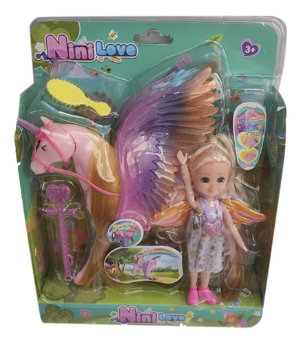 Muñeca Con Su Unicornio Volador Y Accesorios Nena Regalo 