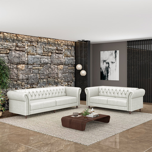 Conjunto Chesterfield 2/3 Lug 180/240 Couro Branco Manchado