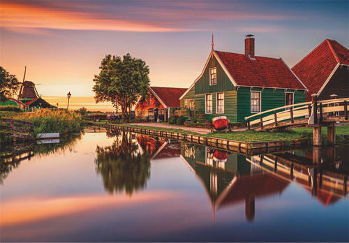 Quebra-cabeça de moinho na paisagem holandesa 1500 Pz Clementoni Itália Zaanse Schans Holanda Rio Zaan