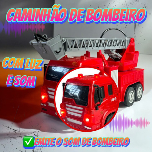 Carrinho Controle Remoto Bombeiro Caminhão Recarregável Luz Cor Vermelho Personagem bombeiro com escada