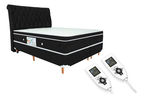 Colchão Magnético King 1,93x2,03 Hr Premium Massageador 2 Controles Energia Bio Quantica Infra Vermelho + Cama Box Cor Preto