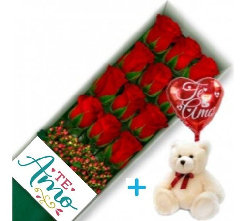 Arreglos Florales Caja 12 Rosas + Tarjeta + Globo + Peluche