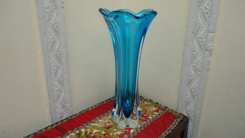 Gran Florero Cristal Murano Antiguo Turquesa Italiano Vealo