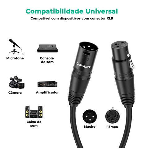 Imagem 2 de 7 de Ugreen Cabo Microfone Xlr Canon Macho Fêmea Balanceado 1m